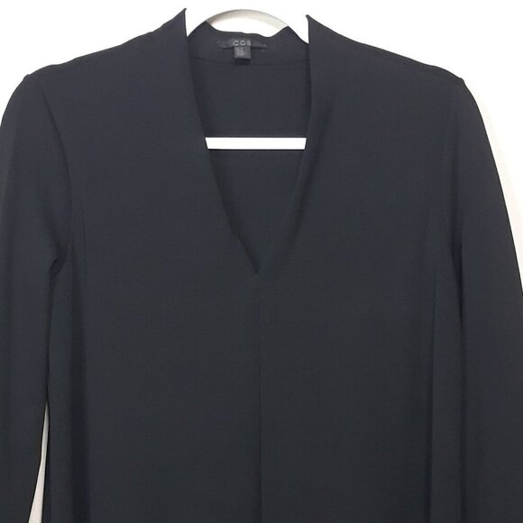 COS Stretch Knit A-Line Black V-Neck Long Sleeve Dress L Office Date Night - Picture 3 of 8